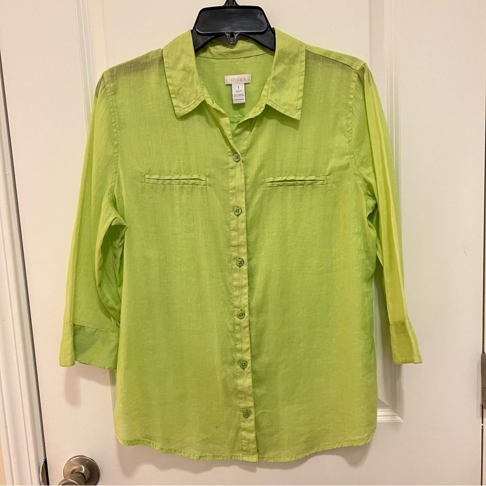 Chico's Button Up Top Size 1 (Medium) Yellow Green Ramie Cotton 3/4 Sleeve Sheer